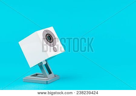 White Webcam On Blue Background, Object, Internet, Technology Concept.