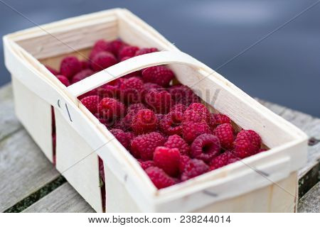 A Small Picnic With A Small Craft Box Of Fresh Organic Raspberries On The Pier At The Lake In The Su