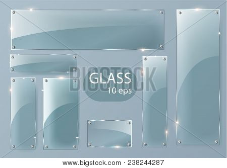 Transparent Glass Plates Set. Square Shape, Rectangle And Round Circle. See Through Mock Up With Mou