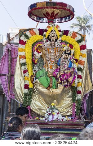Statues Of The Indian Gods. Brahma, Vishnu Durga Shiva Ganesha, Made With Flowers For The The Masi M