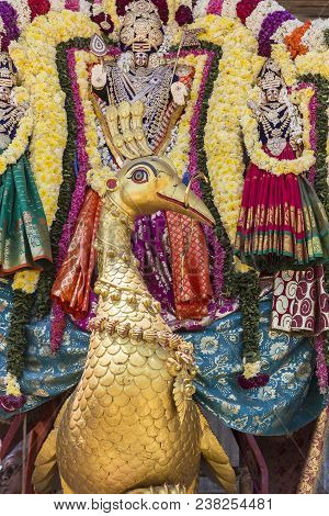 Statues Of The Indian Gods. Brahma, Vishnu Durga Shiva Ganesha, Made With Flowers For The The Masi M