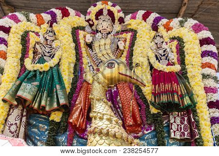 Statues Of The Indian Gods. Brahma, Vishnu Durga Shiva Ganesha, Made With Flowers For The The Masi M
