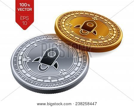 Stellar. Crypto Currency. 3d Isometric Physical Coins. Digital Currency. Golden And Silver Coins Wit
