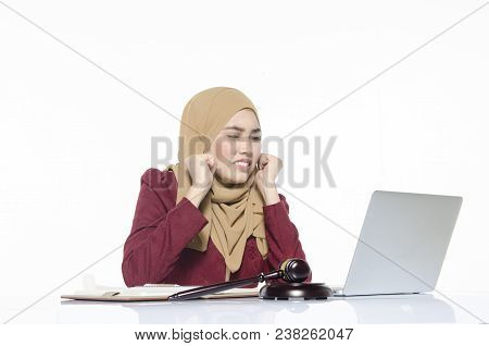 Stress And Exausted Businesswomen With Hijab On White Background