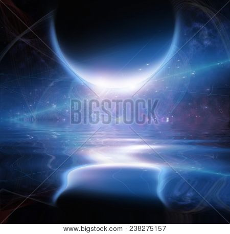 Exosolar Planet Rise over quiet waters. 3D rendering
