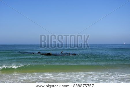 Shipwreck On Stockton Beach, Nsw, Australia. During Storms In 2016, The Remaining Superstructure Col