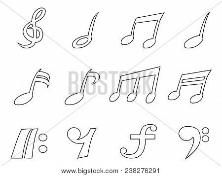 Isolated Black Music Note Outline Icons Set From White Background