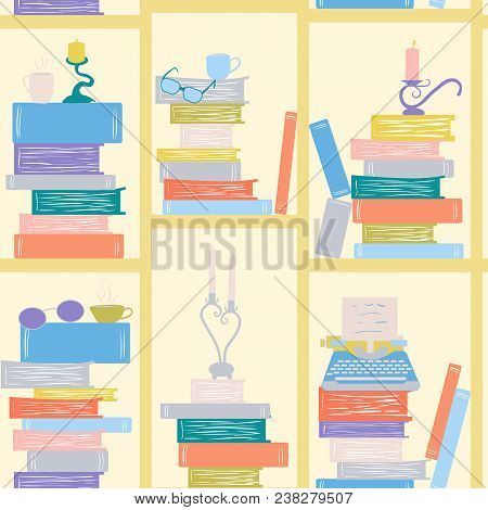 Seamless Pattern, Bookshelf Writer. Books, Candles, Glasses, Typewriter. Library Book Shelf Backgrou