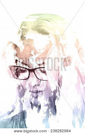 Double Exposure Of A Young Girl Creative Portrait. Art Dramatic Portrait Of A Woman. Unique Artistic