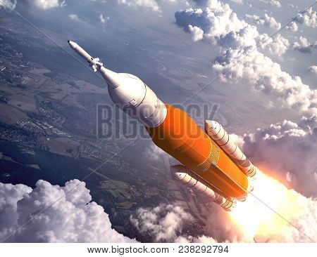 American Space Launch System Flying Over The Clouds. 3d Illustration.