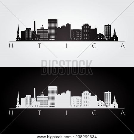 Utica Usa Skyline And Landmarks Silhouette, Black And White Design, Vector Illustration.