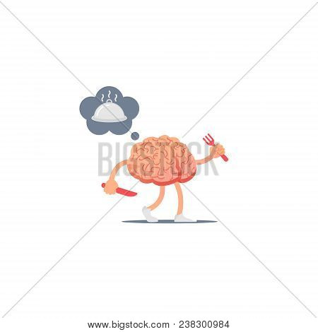 Cartoon Vector Brain With A Knife And Fork Thinks About Food