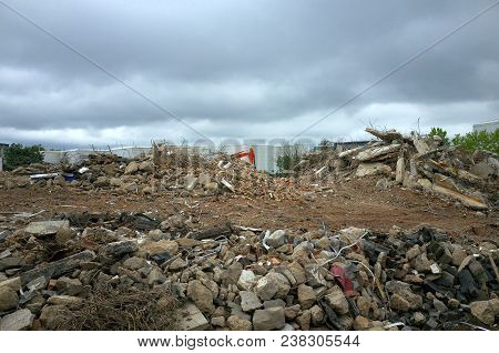 Bracknell, England - April 29, 2018: A Gloomy Sky Above A Demolition Site To Make Way For A New Cons