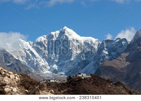 Mount Thamserku And Village On The Way To Everest Base Camp, Khumbu, Sagarmatha National Park, Nepal