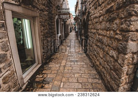 May, 30th, 2016 - Budva, Montenegro. Old Town Citadela With Paved Narrow Street, Stone Houses With S