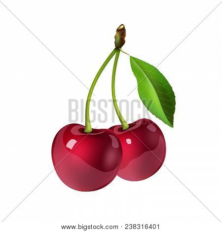 Two Ripe Cherries On A White Background, Delicious Food, Vitamins. 3d Effect. Vector Illustration. E