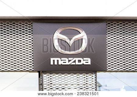 Vilnius, Lithuania - April 12, 2018: Mazda Logo On The Wall. Mazda Is A Japanese Automaker Based In 