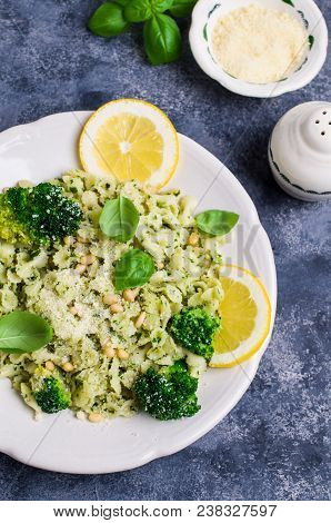 Traditional Pasta Tripoline With Pesto And Broccoli In A Plate On The Table. Selective Focus.