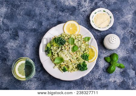 Traditional Pasta Tripoline With Pesto And Broccoli In A Plate On The Table. Selective Focus.