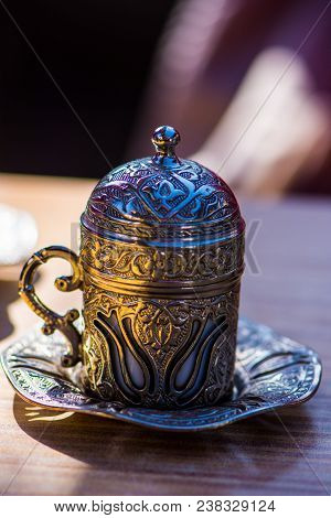 Beautiful Silver Design Cup For The Turkish Coffee On The Table