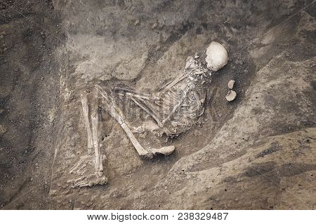 Archaeological Excavations. Top View Of The Burial Of A Person, Bones, Skull With Two Ritual Ceramic