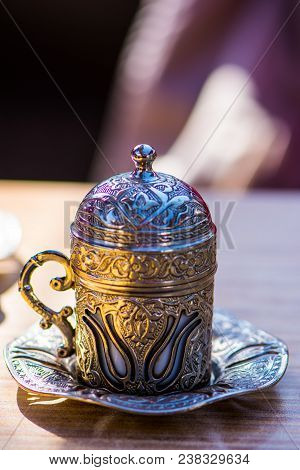 Beautiful Silver Design Cup For The Turkish Coffee On The Table