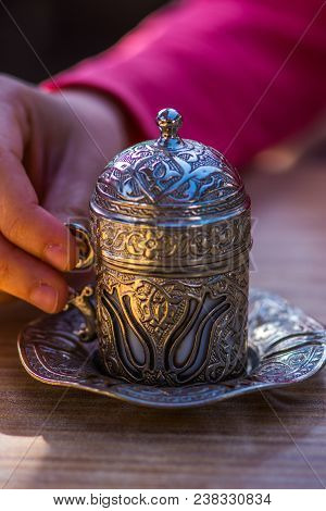 Beautiful Silver Design Cup For The Turkish Coffee On The Table
