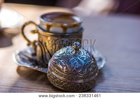 Beautiful Silver Design Cup For The Turkish Coffee On The Table