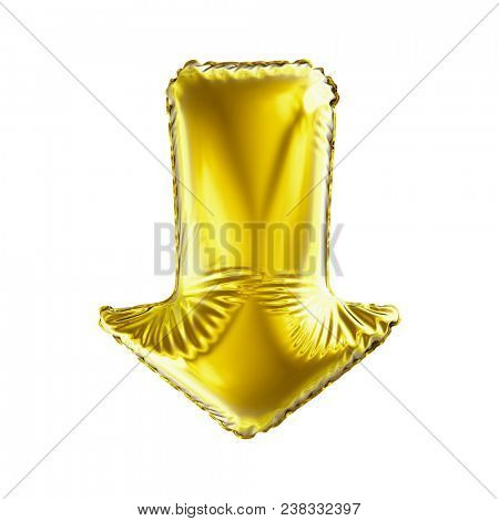 Golden arrow icon made of inflatable balloon isolated on white background. 3d rendering