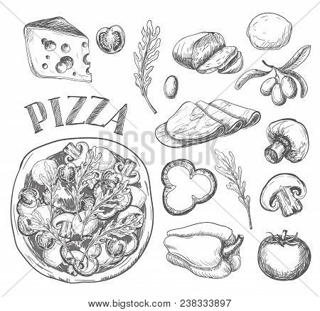 Ingredients For Pizza Such As Olives, Tomato, Mushrooms, Mozzarella, Arugula, Ham, Cheese, Pepper, D