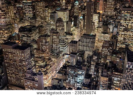 Arial View Of Mid-town Manhattan At Night