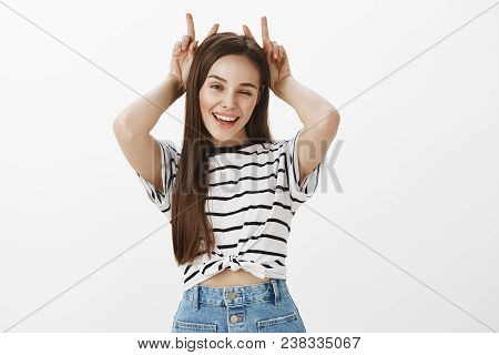Girl Assured We Will Have Fun Together. Portrait Of Cheerful Bright Girlfriend With Brown Hair, Hold