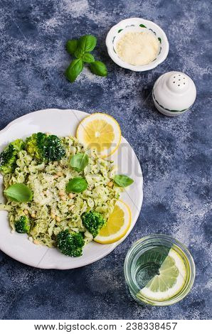 Traditional Pasta Tripoline With Pesto And Broccoli In A Plate On The Table. Selective Focus.