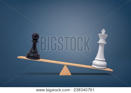 3d Rendering Of A Black Chess Pawn Piece Loses To An Overweighing White King On A Wooden Seesaw. Fai