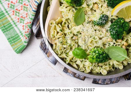 Traditional Pasta Tripoline With Pesto And Broccoli In A Plate On The Table. Selective Focus.