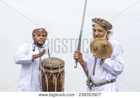 Ibri, Oman, 28th April 2018: Men Dancing And Singing Omani Traditional Way