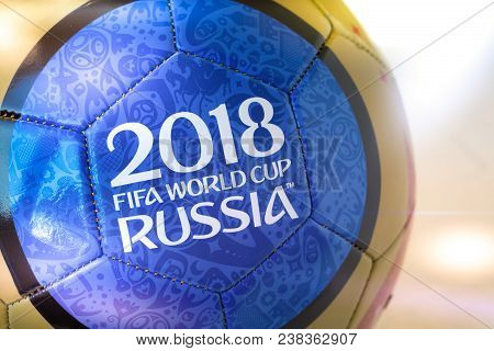 Moscow, Russia. April 29, 2018. Souvenir Ball With The Emblem Of The Fifa World Cup 2018 In Moscow, 