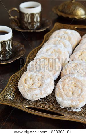 Sesame Shortbread With Date Stuffing. Middle Eastern Cookies. Eid And Ramadan Dates Sweets. Kahk. Ar