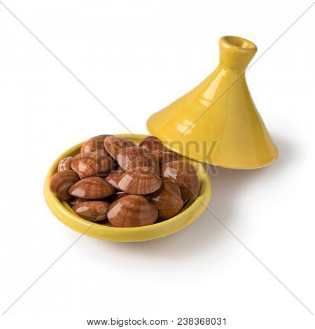 Traditional  Moroccan tajine with fresh raw closed smooth clams isolated on white background