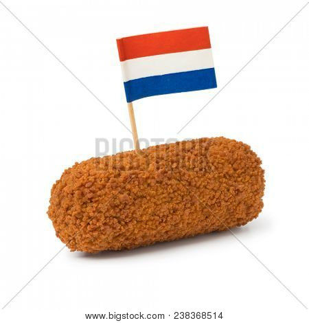 Single deep fried Dutch kroket with a Dutch flag isolated on white background