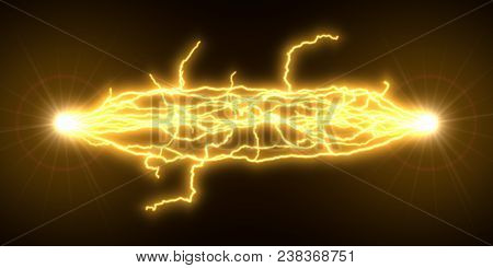 Yellow Electric Arcs Between Two Source. 3d Illustration