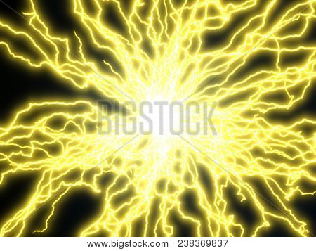 Yellow Electric Arcs From Center. 3d Illustration