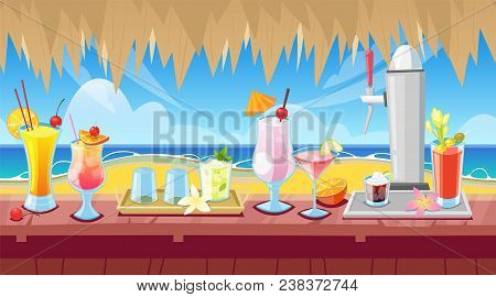 Seamless Horizontal Background With Wooden Bar Counter And Alcohol Cocktails And Beverages On Desk. 