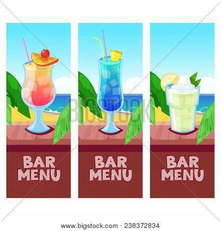 Beach Bar Menu Vector Design Template With Place For Text. Pina Colada, Blue Lagoon, Mojito Cocktail