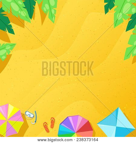 Summer Yellow Sand Beach With Colorful Umbrellas, Top View Vector Illustration. Abstract Holiday, Va