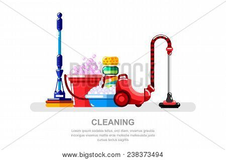 Housework And Cleaning Service Concept. Vacuum Cleaner, Bucket And Mop, Vector Isolated Illustration