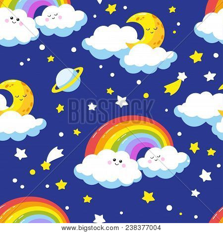 Seamless Pattern With Cute Cartoon Clouds, Crescents And Rainbows. Vector Template.