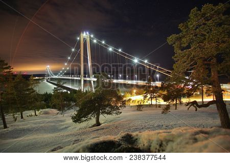 High Coast Bridge In Sweden At Night.