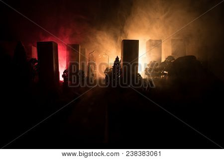 Empty Street Of Burnt Up City, Flames On The Ground And Blasts With Smoke In The Distance. Apocalypt