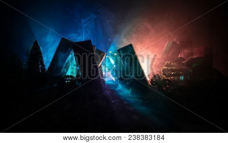 Empty Street Of Burnt Up City, Flames On The Ground And Blasts With Smoke In The Distance. Apocalypt